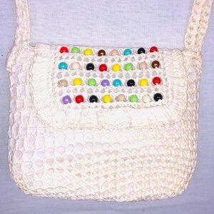 Vintage 60s Simon Womens Pocketbook Off White Crochet Shoulder Bag Beads New